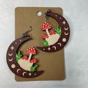 Celestial Mushroom Wooden J Hook Earrings Boho Hippie Moon Witch 70s Vibe